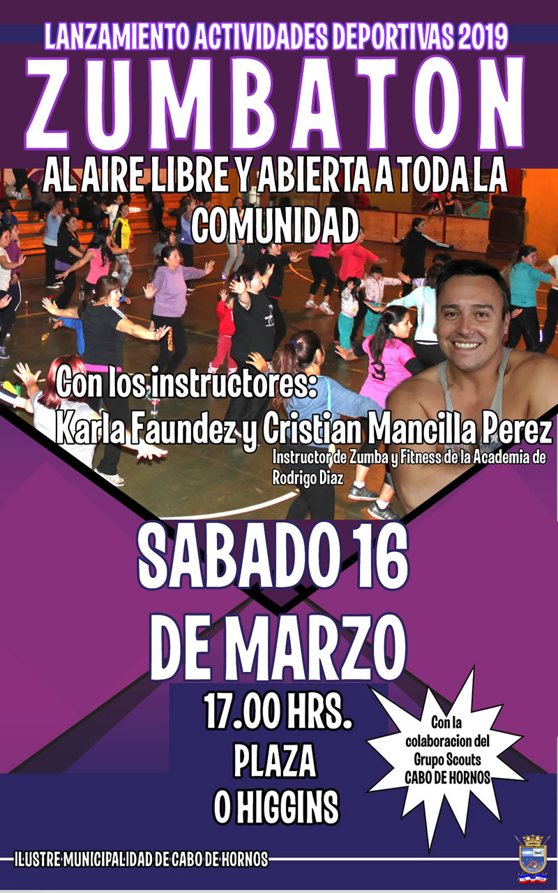 INVITAN A LA COMUNIDAD DE PUERTO WILLIAMS PARTICIPAR DE GRAN ZUMBATÓN ESTE SÁBADO 16 DE MARZO EN LA PLAZA O HIGGINS